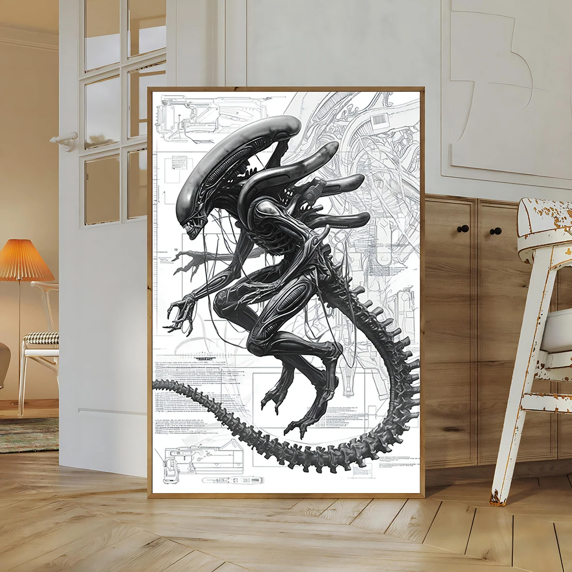 Alien Xenomorph Blueprint Wall Art | Sci-Fi Horror Movie Print | Extraterrestrial Life & UFO Sightings Decor