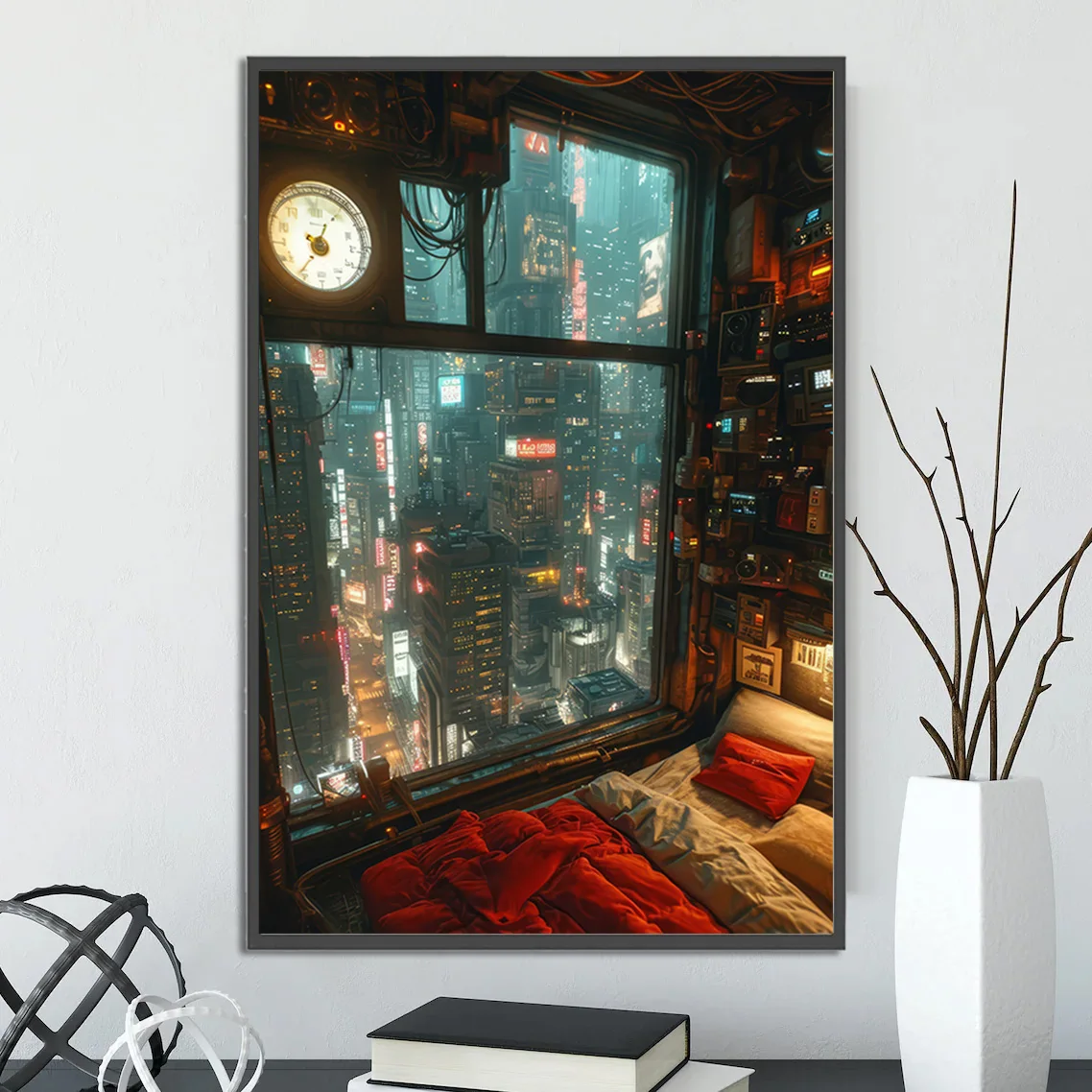 Cyberpunk Dystopian Future Wall Art – Neon Noir Cityscape Print, High Tech Low Life Aesthetic