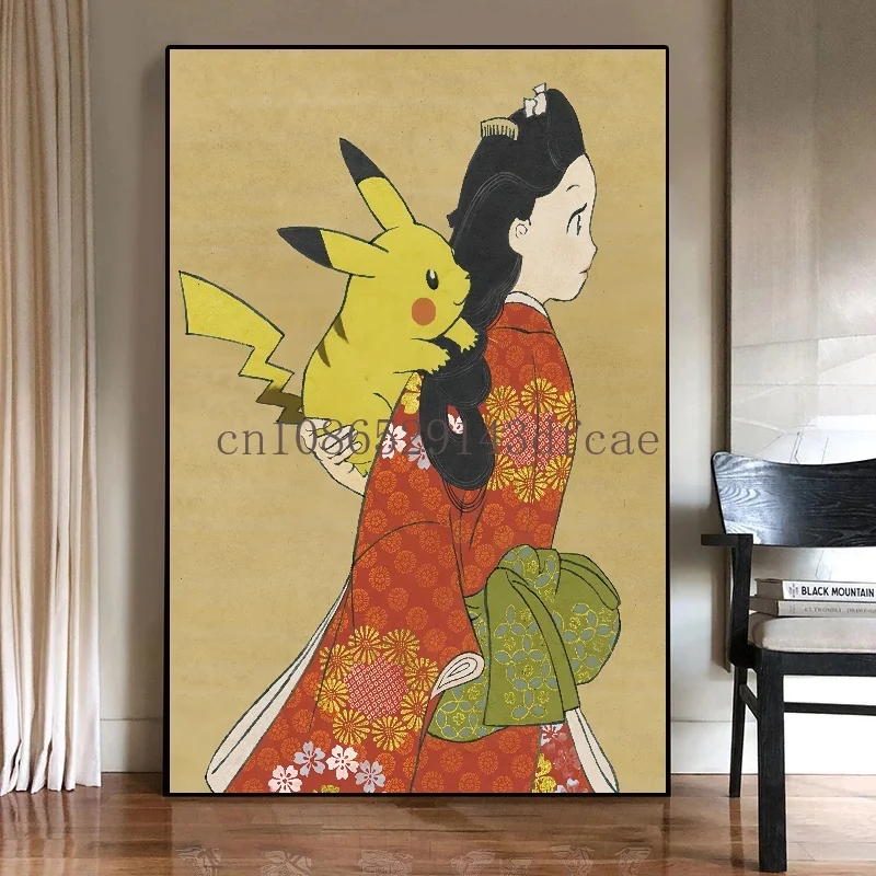 Pikachu in Kimono Ukiyo-e Wall Art | Traditional Japanese Pokémon Print for Fans of Pokemon Games & Cards | Anime Gaming Decor